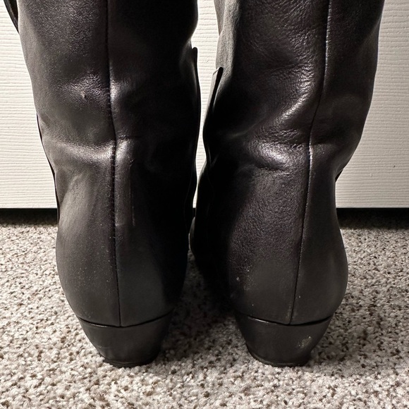 LOEFFLER RANDALL 8.5 Black Leather Low Wedge Knee Boots Gold Snaps R $595 - Picture 6 of 14